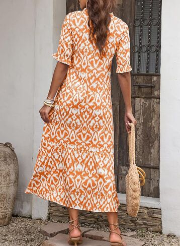 Dokotoo Women Boho Summer Dress 2024 Frill Short Sleeve Tassel V Neck Ruffle Flowy A-Line Maxi Dresses in Kuwait