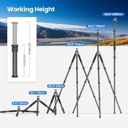 GX6 Carbon Fiber Tripod for Camera, External Center Column Compact Design, 10-Layer Carbon Fiber Tube, 29mm Professional Tripod Tube, Travel Tripod for Camcorder Telephoto Lens in Kuwait