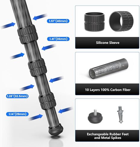 GX6 Carbon Fiber Tripod for Camera, External Center Column Compact Design, 10-Layer Carbon Fiber Tube, 29mm Professional Tripod Tube, Travel Tripod for Camcorder Telephoto Lens in Kuwait