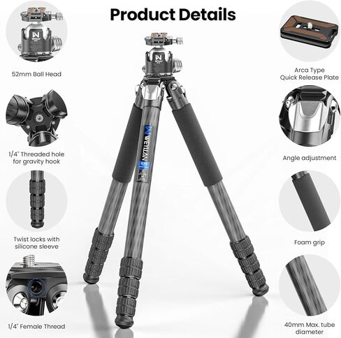 GX6 Carbon Fiber Tripod for Camera, External Center Column Compact Design, 10-Layer Carbon Fiber Tube, 29mm Professional Tripod Tube, Travel Tripod for Camcorder Telephoto Lens in Kuwait