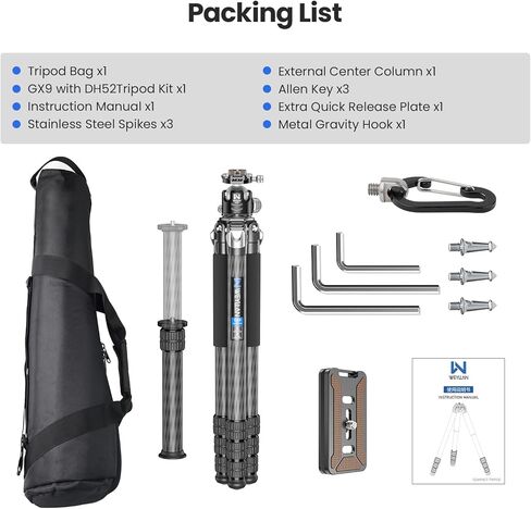 GX6 Carbon Fiber Tripod for Camera, External Center Column Compact Design, 10-Layer Carbon Fiber Tube, 29mm Professional Tripod Tube, Travel Tripod for Camcorder Telephoto Lens in Kuwait