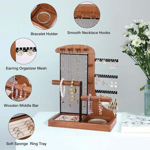 Mightree Jewelry Organizer Stand with Velvet Ring Holder, 4 Tier Jewelry Towers with 24 Holes for Earring Organizer Holder, Jewelry Stand with 10 Hooks Necklace Organizer and Watch Bracket - White in Saudi Arabia