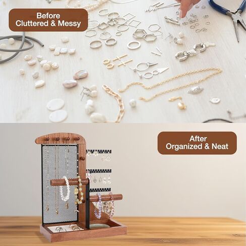Mightree Jewelry Organizer Stand with Velvet Ring Holder, 4 Tier Jewelry Towers with 24 Holes for Earring Organizer Holder, Jewelry Stand with 10 Hooks Necklace Organizer and Watch Bracket - White in Saudi Arabia