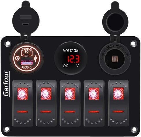 Green 5 Gang Waterproof Boat Switch Panel Marine Rocker Switch with 12V Voltmeter Type-C and QC 3.0 USB Charging Socket for Car Boat in Saudi Arabia