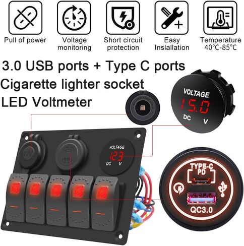Green 5 Gang Waterproof Boat Switch Panel Marine Rocker Switch with 12V Voltmeter Type-C and QC 3.0 USB Charging Socket for Car Boat in Saudi Arabia