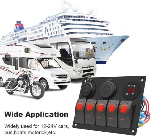 Green 5 Gang Waterproof Boat Switch Panel Marine Rocker Switch with 12V Voltmeter Type-C and QC 3.0 USB Charging Socket for Car Boat in Saudi Arabia