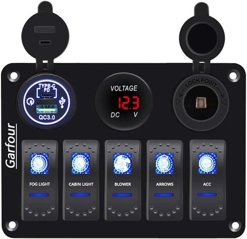Green 5 Gang Waterproof Boat Switch Panel Marine Rocker Switch with 12V Voltmeter Type-C and QC 3.0 USB Charging Socket for Car Boat in Saudi Arabia