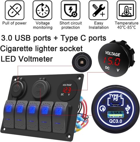 Green 5 Gang Waterproof Boat Switch Panel Marine Rocker Switch with 12V Voltmeter Type-C and QC 3.0 USB Charging Socket for Car Boat in Saudi Arabia