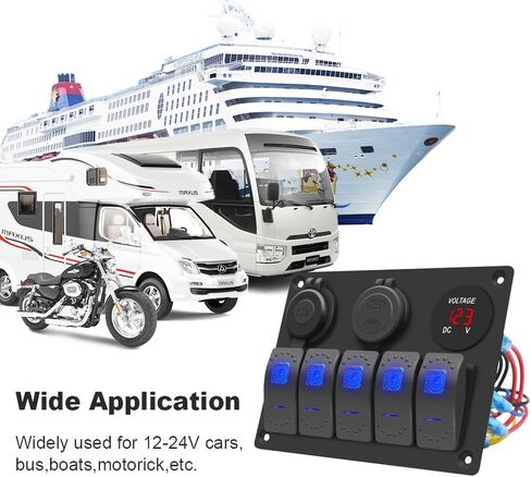 Green 5 Gang Waterproof Boat Switch Panel Marine Rocker Switch with 12V Voltmeter Type-C and QC 3.0 USB Charging Socket for Car Boat in Saudi Arabia