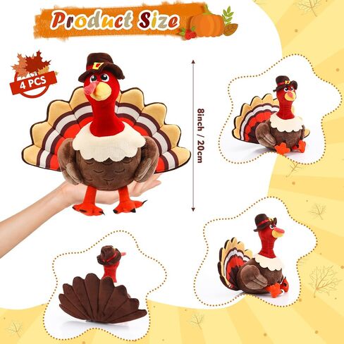 4 Pieces Plush Turkey Stuffed Animals 8 Inch Soft Thanksgiving Turkey Bird Plush Toys Fall Autumn Harvest Thanksgiving Ornaments Party Gifts Decorations (Without hat,Pink) in Saudi Arabia