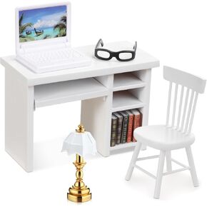 10 Pcs Miniature Dollhouse Furniture Accessories Include Mini Laptop Computer Miniature Book and Office Table Wooden Mini Dollhouse Furniture 1/12 Scale Miniatures Model Set for Dollhouse Study Room