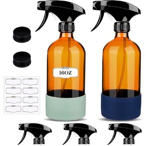 5 Pack/16 Oz Glass Spray Bottles, Refillable Empty Containers with Silicone Sleeve, Upgraded Adjustable Nozzle Spray Bottle Sets for Cleaning, Essential Oils, Hair (Amber)