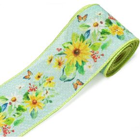Floral Wired Edge Ribbons 2.5inch 10 Yards, Flower Gift Wrapping Ribbon for Holiday Party Wrapping DIY Craft Party Decoration Wreaths Bow