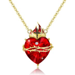 OHAYOO Sacred Heart of Jesus Necklace 925 Sterling Silver Cross Sacred Heart Necklace Inlaid Cubic Zirconia Christian Amulet Christian Gift in Kuwait