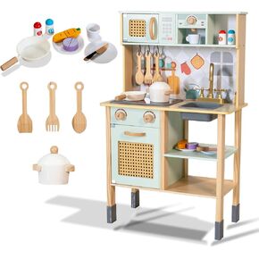 Garsing Play Kitchen for Kids Toddlers with Sounds, Wooden Kids Kitchen Playset with Realistic Features, Modern Toy Kitchen Sets with Storage and Accessories for Boys Girls, Age 3+, Green