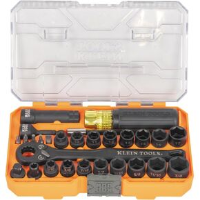 Klein Tools 65500KNECT KNECT Complete Impact Pass Through and Flip Socket Set, 90-Tooth Ratchet, MODbox Case, SAE, Metric, Screwdriver Handle, Bits, 39-Piece