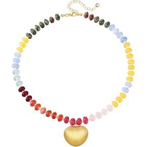 Beaded Gemstone Necklace for Women,Colorful Boho Bead Choker Natural Stone Beach Necklace 18K Gold Plated Summer 100% Handmade Jewelry