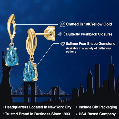 أقراط متدلية من الذهب الأصفر عيار 10 قيراط من Gem Stone King للنساء | 1.46 قيراط | الأحجار الكريمة حجر بخت شهر أبريل | شكل كمثرى 8 × 5 مم | لون سائل الدفاع | وضوح VVS-VS in Saudi Arabia