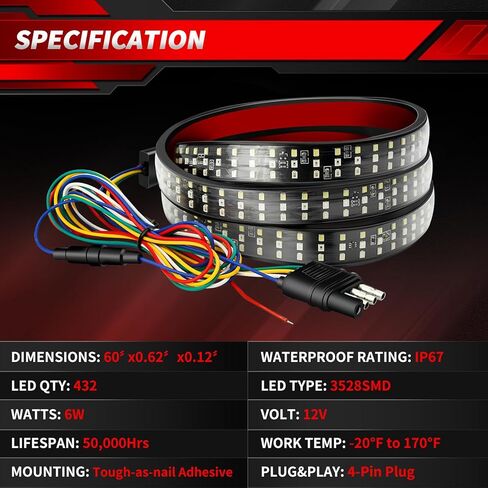 4WDKING شريط إضاءة للسرير الأبيض للشاحنة، 3 قطع شريط LED 60 بوصة، 270 مصباح LED نيون، IP68 مقاوم للماء، كابل تمديد لشاحنة بيك اب كامبر RV SUV Boat in Kuwait