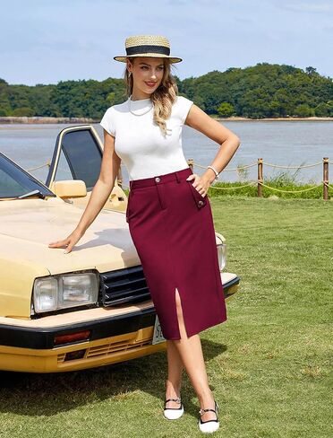 تنورة ضيقة للسيدات من Belle Poque بخصر عالٍ، تنورة كاجوال للعمل والمكتب، تنورة متوسطة الطول بفتحة in Kuwait