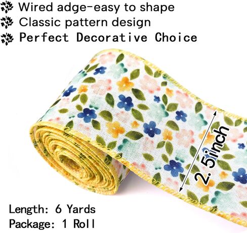 Floral Wired Edge Ribbons 2.5inch 10 Yards, Flower Gift Wrapping Ribbon for Holiday Party Wrapping DIY Craft Party Decoration Wreaths Bow in Saudi Arabia