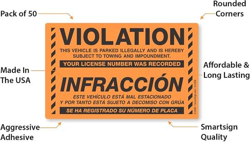 SmartSign Bilingual Parking Violation Stickers | Pack of 50 Labels with Permanent Adhesive, 5 x 8 inch, Vehicle Illegally Parked Sticker, Hard to Remove Write-On Tickets, Fluorescent Orange in Saudi Arabia
