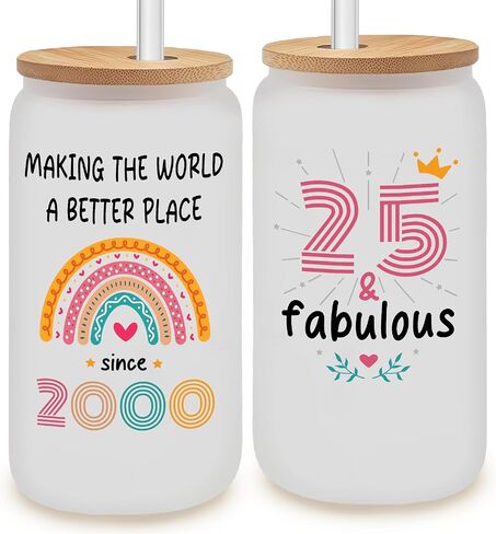 Vivulla68 25th Birthday Gifts For Her Him, Gift For 25 Year Old Female, Best Gifts For 25 year Old Woman Man, 25th Birthday Gift Ideas, 1999 Gifts, 25 Birthday, 25th Frosted Glass With Lid And Straw in Saudi Arabia