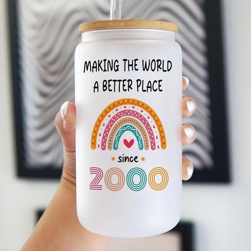 Vivulla68 25th Birthday Gifts For Her Him, Gift For 25 Year Old Female, Best Gifts For 25 year Old Woman Man, 25th Birthday Gift Ideas, 1999 Gifts, 25 Birthday, 25th Frosted Glass With Lid And Straw in Saudi Arabia