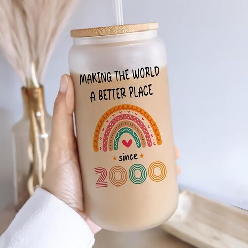 Vivulla68 25th Birthday Gifts For Her Him, Gift For 25 Year Old Female, Best Gifts For 25 year Old Woman Man, 25th Birthday Gift Ideas, 1999 Gifts, 25 Birthday, 25th Frosted Glass With Lid And Straw in Saudi Arabia