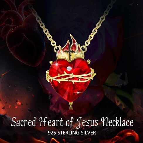 OHAYOO Sacred Heart of Jesus Necklace 925 Sterling Silver Cross Sacred Heart Necklace Inlaid Cubic Zirconia Christian Amulet Christian Gift in Kuwait