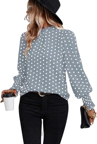 Women's Polka Dots Blouse Puff Ruffle Long Sleeve Shirts Tops 2024 Fall Pleated Front Frill Trim Mock Neck Tunic Top-Khaki+Black Point-L in Saudi Arabia