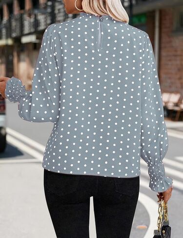 Women's Polka Dots Blouse Puff Ruffle Long Sleeve Shirts Tops 2024 Fall Pleated Front Frill Trim Mock Neck Tunic Top-Khaki+Black Point-L in Saudi Arabia