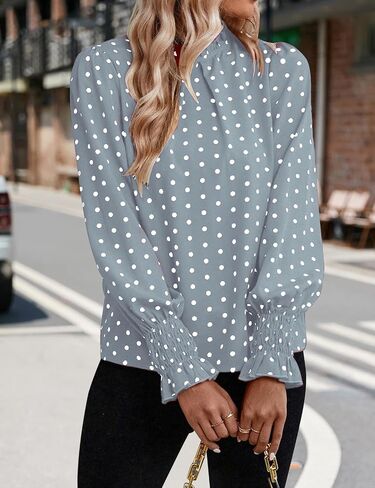 Women's Polka Dots Blouse Puff Ruffle Long Sleeve Shirts Tops 2024 Fall Pleated Front Frill Trim Mock Neck Tunic Top-Khaki+Black Point-L in Saudi Arabia