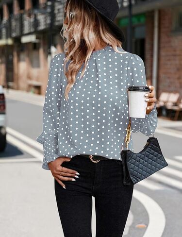 Women's Polka Dots Blouse Puff Ruffle Long Sleeve Shirts Tops 2024 Fall Pleated Front Frill Trim Mock Neck Tunic Top-Khaki+Black Point-L in Saudi Arabia