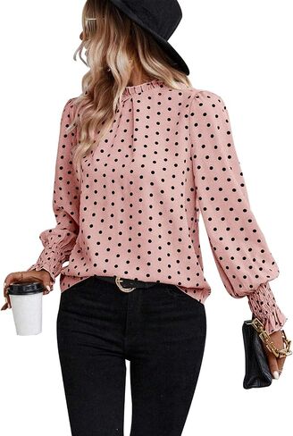 Women's Polka Dots Blouse Puff Ruffle Long Sleeve Shirts Tops 2024 Fall Pleated Front Frill Trim Mock Neck Tunic Top-Khaki+Black Point-L in Saudi Arabia