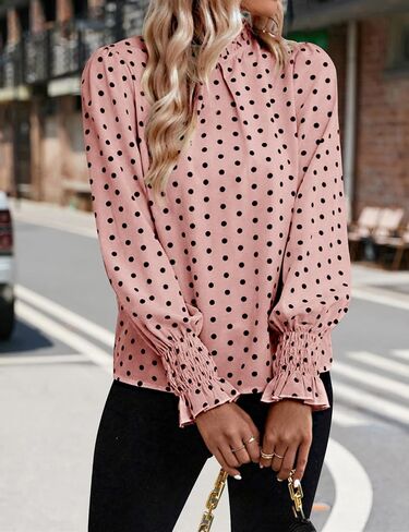 Women's Polka Dots Blouse Puff Ruffle Long Sleeve Shirts Tops 2024 Fall Pleated Front Frill Trim Mock Neck Tunic Top-Khaki+Black Point-L in Saudi Arabia