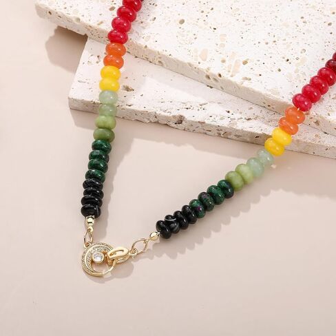 قلادة مطرزة بالأحجار الكريمة للنساء، قلادة بوهو ملونة من الخرز والحجر الطبيعي للشاطئ مطلية بالذهب عيار 18 قيراط مجوهرات صيفية مصنوعة يدويًا بنسبة 100% in Kuwait