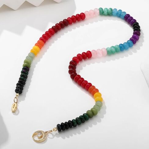 قلادة مطرزة بالأحجار الكريمة للنساء، قلادة بوهو ملونة من الخرز والحجر الطبيعي للشاطئ مطلية بالذهب عيار 18 قيراط مجوهرات صيفية مصنوعة يدويًا بنسبة 100% in Kuwait