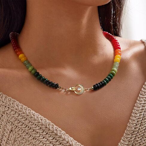 قلادة مطرزة بالأحجار الكريمة للنساء، قلادة بوهو ملونة من الخرز والحجر الطبيعي للشاطئ مطلية بالذهب عيار 18 قيراط مجوهرات صيفية مصنوعة يدويًا بنسبة 100% in Kuwait