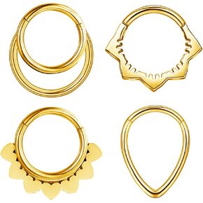 4 PCs Septum Ring Surgical Steel Daith Piercing Jewelry Set, Gold Septum Jewelry for Septum Piercing, Septum Clicker Daith Earring, 16G 8mm
