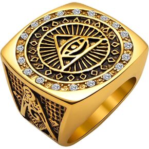 Masonic Signet Rings for Men, 316L Stainless Steel/18K Real Gold/Black Metal Freemason Jewelry, Punk Biker Mason Ring, Size 7-12