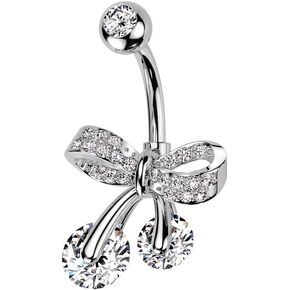 Pierced Owl 14GA 316L Stainless Steel CZ Crystal Paved Bow Ribbon Belly Button Ring
