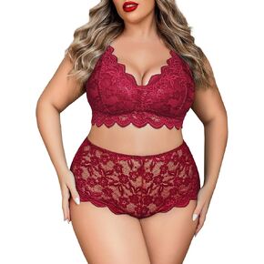 Avidlove Plus Size Lingerie for Women Sexy Lace Halter Bralette High Waist Panty Set Cardinal Red