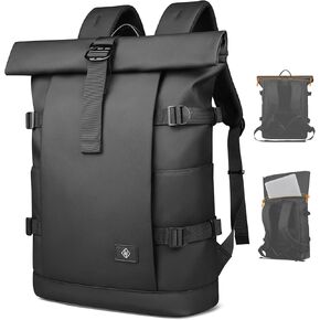 Roll Top Laptop Backpack Men Women Expandable 19-28L 15.6" Computer Backpack Ergonomic Water-Resistant Anti Theft Bag Stylish Large Capacity Backpack for Travel Business Work College Daily - Black