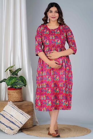Jikonet Women's Maternity White Kurti for Women with Breastfeeding Dress with Floral Maxi Maternity Dress (Indian Dresses) in Saudi Arabia