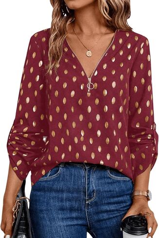 MakeMeChic Women's Polka Dots V Neck Half Zip Blouse Long Sleeve Casual Shirt Top in Saudi Arabia