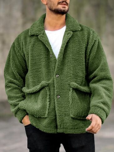 Runcati Mens Fuzzy Sherpa Jacket Fleece Long Sleeve Button Down Coat Fall Winter Warm Outwear in Saudi Arabia