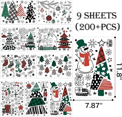 9 Sheets 200+Pcs Christmas Window Stickers Xmas Decals Decorations for Glass Snowflake Santa Claus Reindeer Window Cling Sticker for Decorations in Saudi Arabia