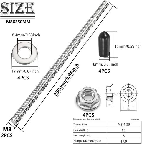 2 قطعة M6x250mm قضيب ملولب بالكامل 304 من الفولاذ المقاوم للصدأ برغي طويل ملولب مع صواميل قفل، غسالة مسطحة وأغطية نهاية مطاطية لمسامير التثبيت والمشابك والشماعات على شكل حرف U in Kuwait
