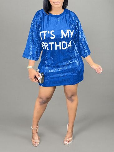 ALLUMK Women Sexy Glitter Sequin Shirts Dress Letter Graphic Print Half Sleeve Party Club Short Dress in Kuwait